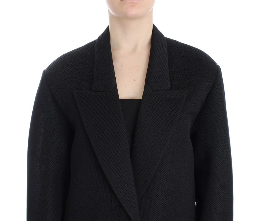 Elegant Draped Long Coat in Black with Red Accents