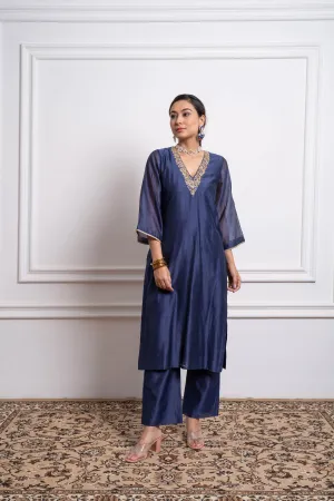 Embroidered Straight Kurta & Pants in Blue Chanderi (Set of 2)