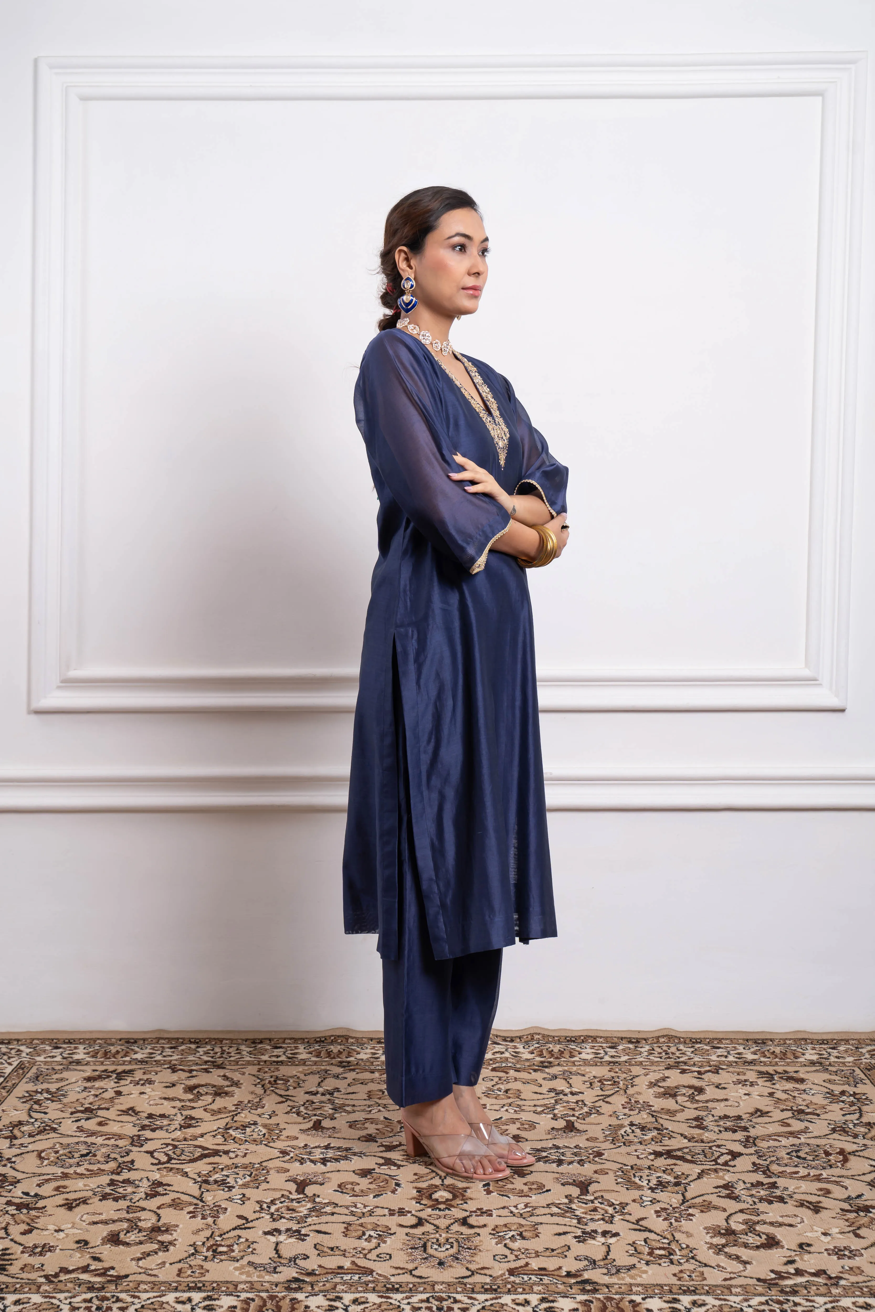 Embroidered Straight Kurta & Pants in Blue Chanderi (Set of 2)