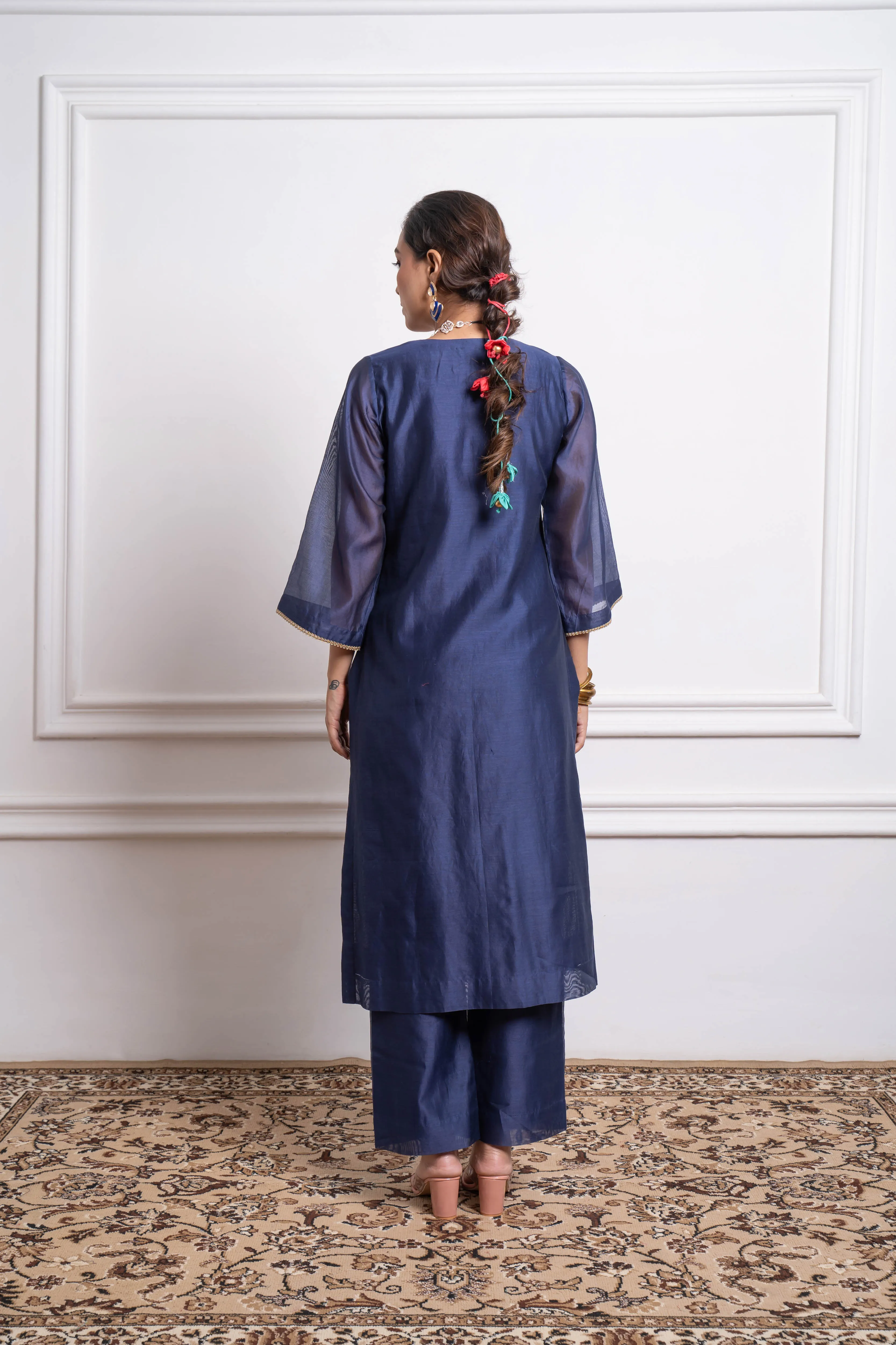 Embroidered Straight Kurta & Pants in Blue Chanderi (Set of 2)