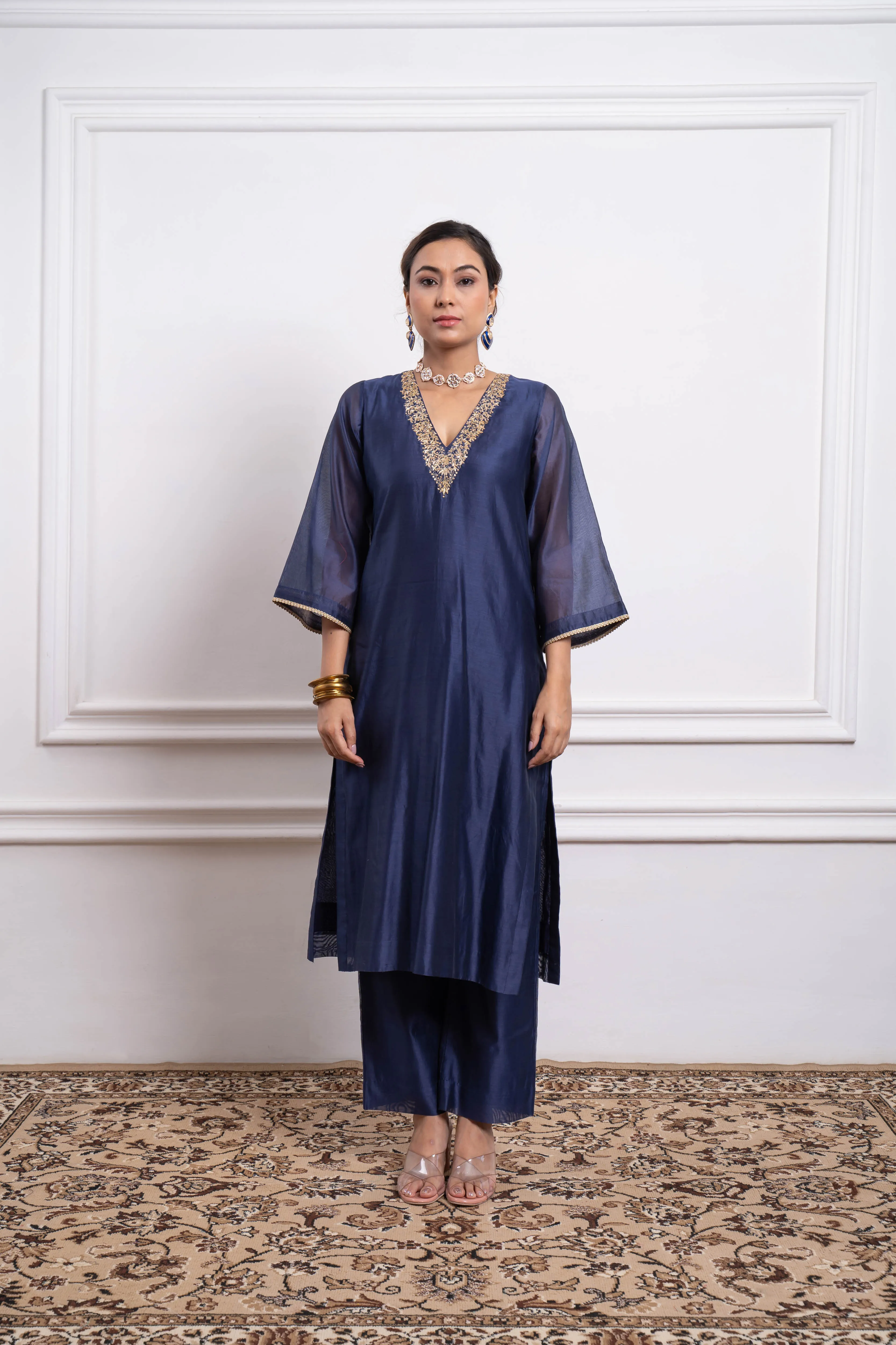 Embroidered Straight Kurta & Pants in Blue Chanderi (Set of 2)