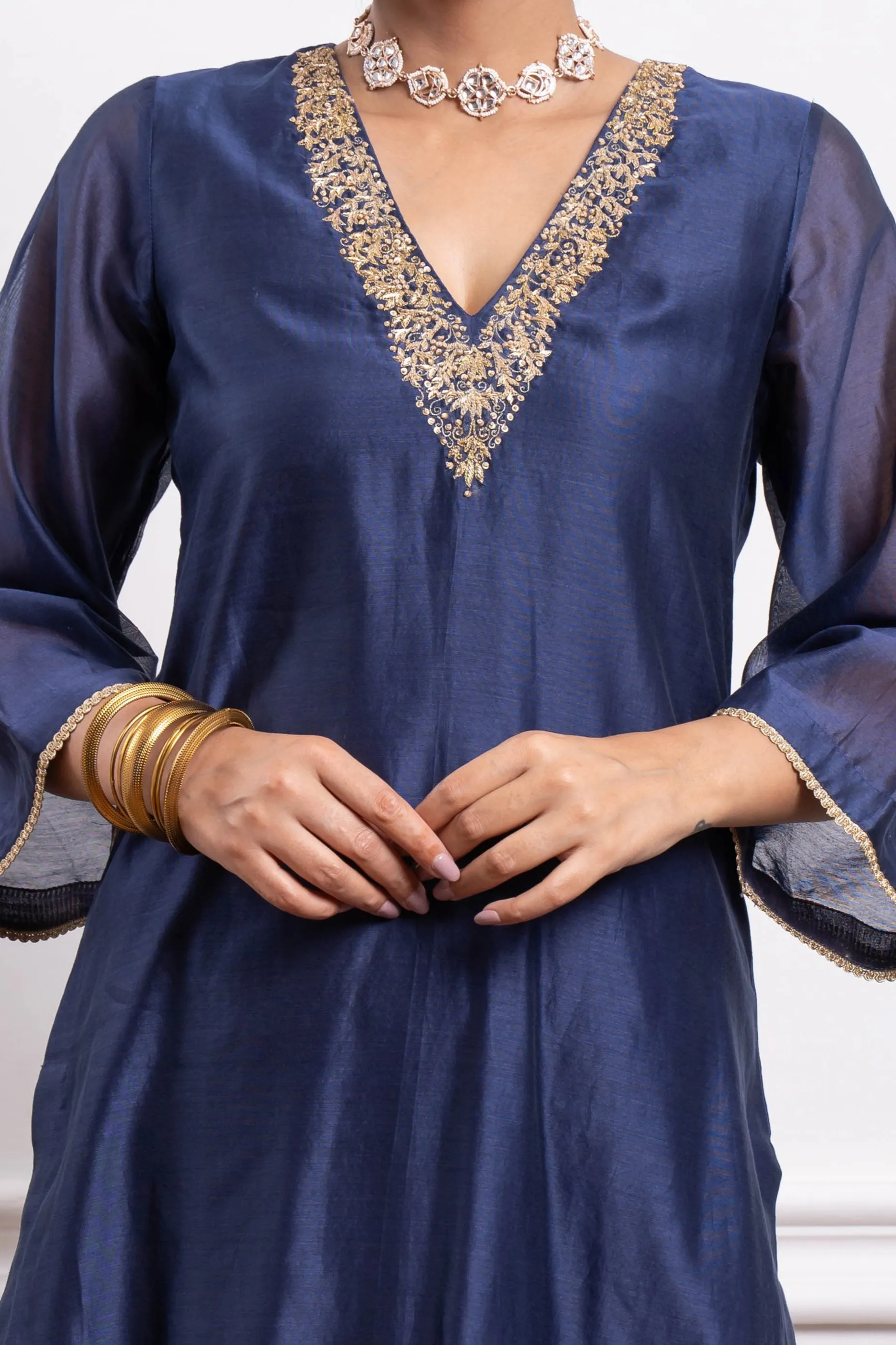 Embroidered Straight Kurta & Pants in Blue Chanderi (Set of 2)