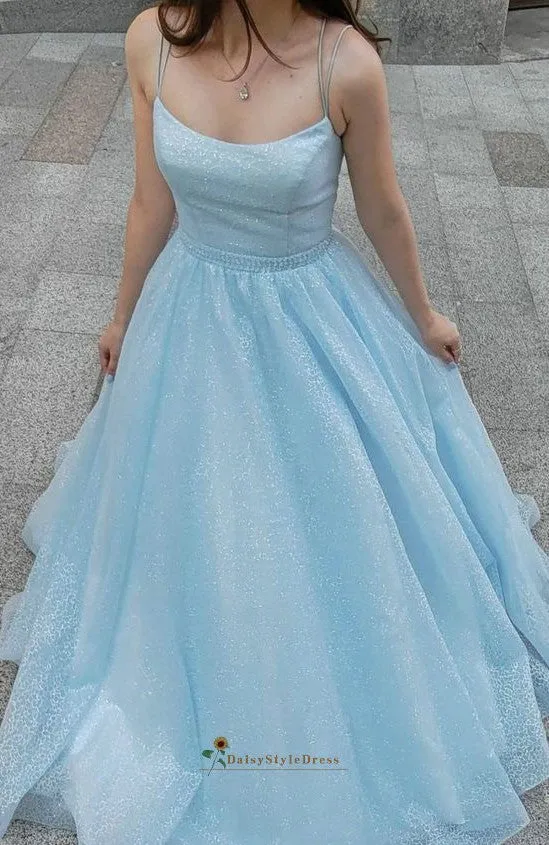 Fashion Ball Gown Sparkle Light Blue Prom Dress