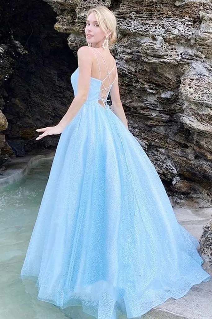 Fashion Ball Gown Sparkle Light Blue Prom Dress