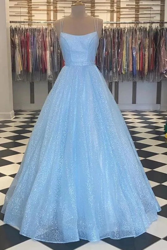 Fashion Ball Gown Sparkle Light Blue Prom Dress