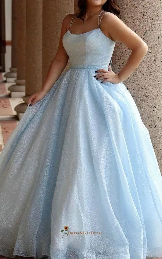 Fashion Ball Gown Sparkle Light Blue Prom Dress