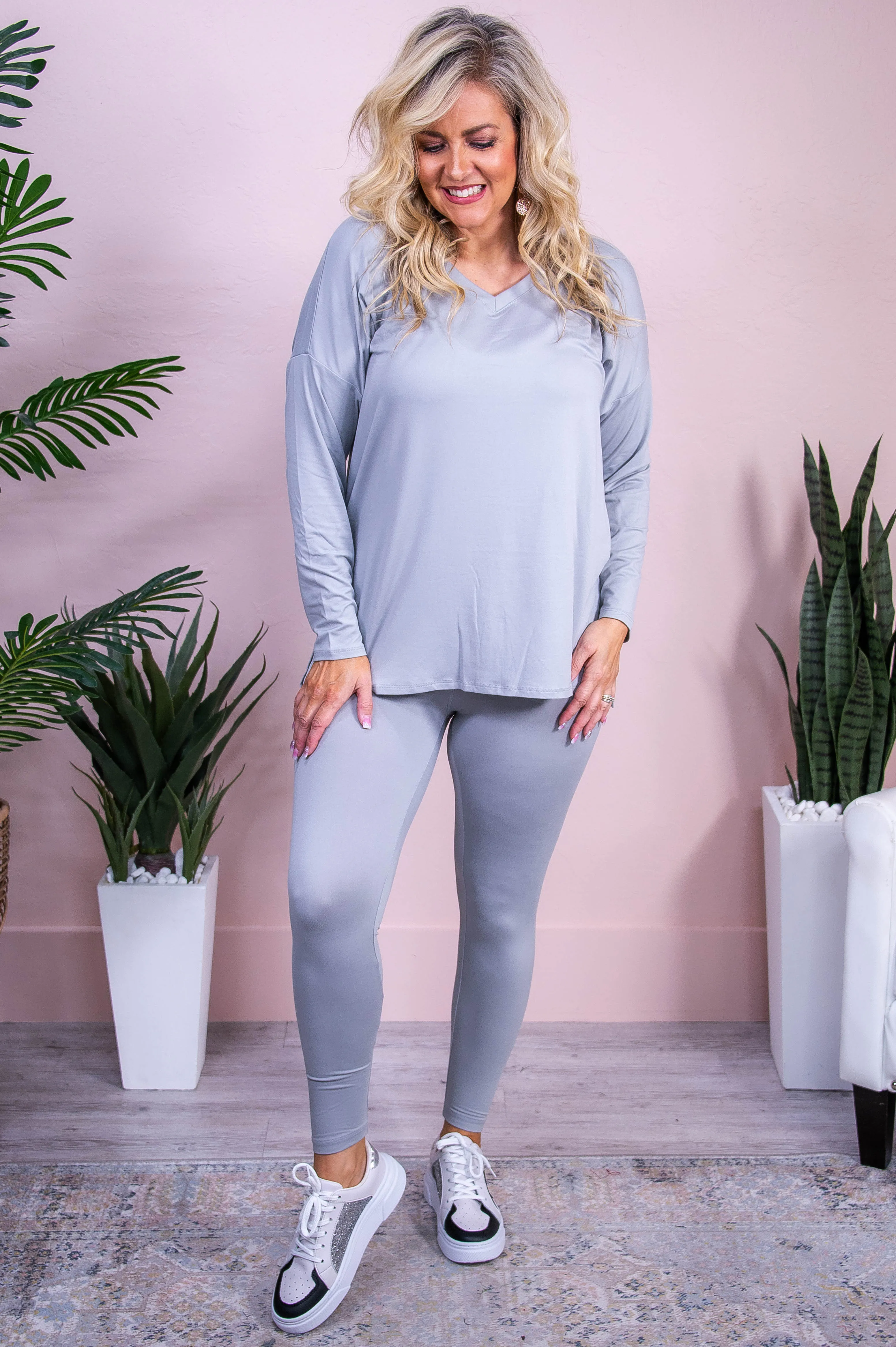 Fashionable Fall Light Gray Solid Top/Legging (2-Piece Set) - T10221LGR