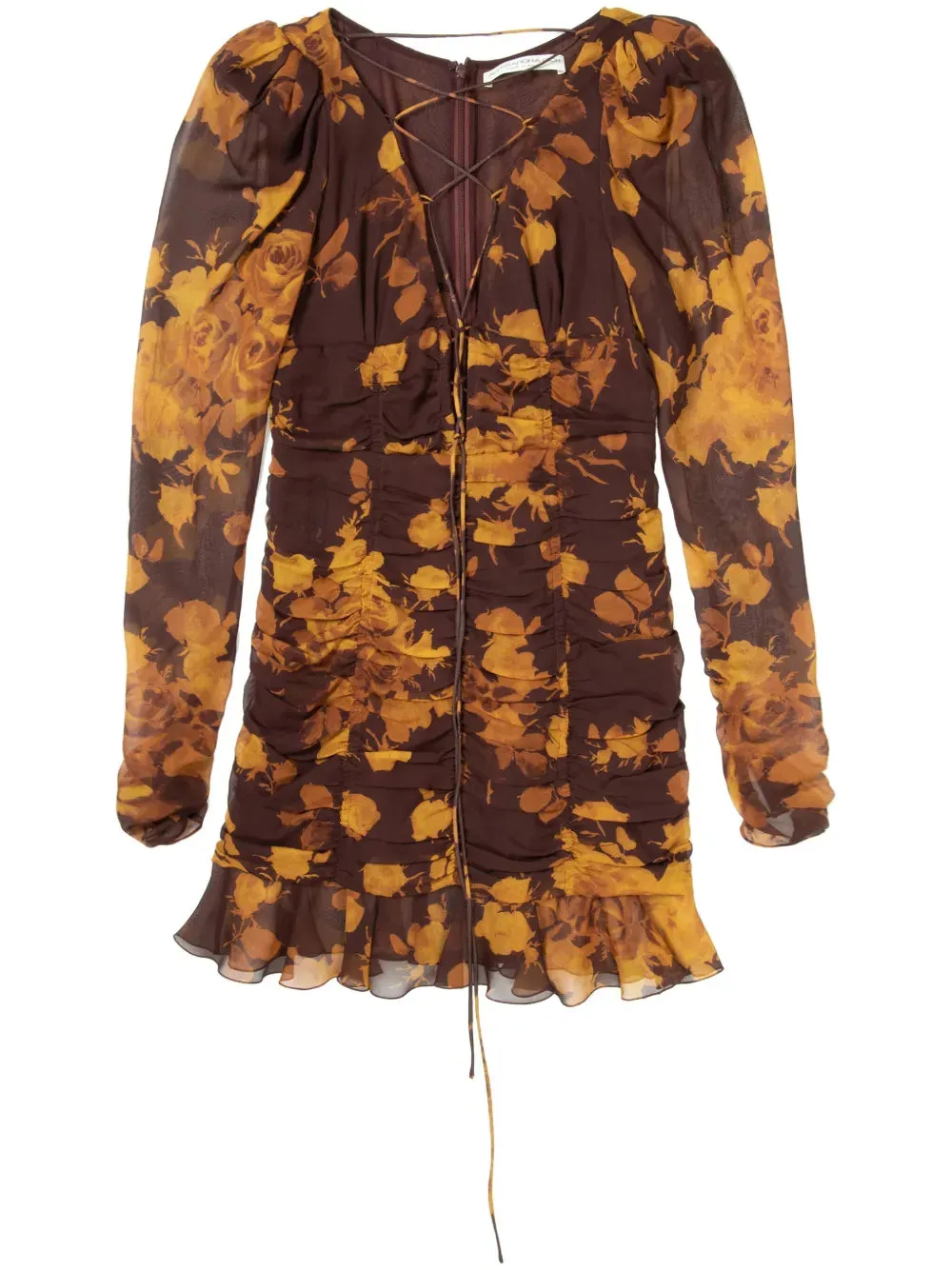 floral print hollow tulle mini dress in brown