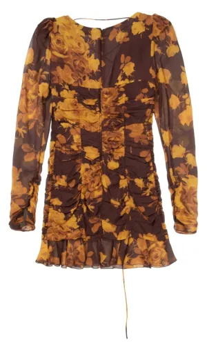 floral print hollow tulle mini dress in brown