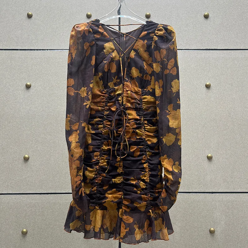 floral print hollow tulle mini dress in brown