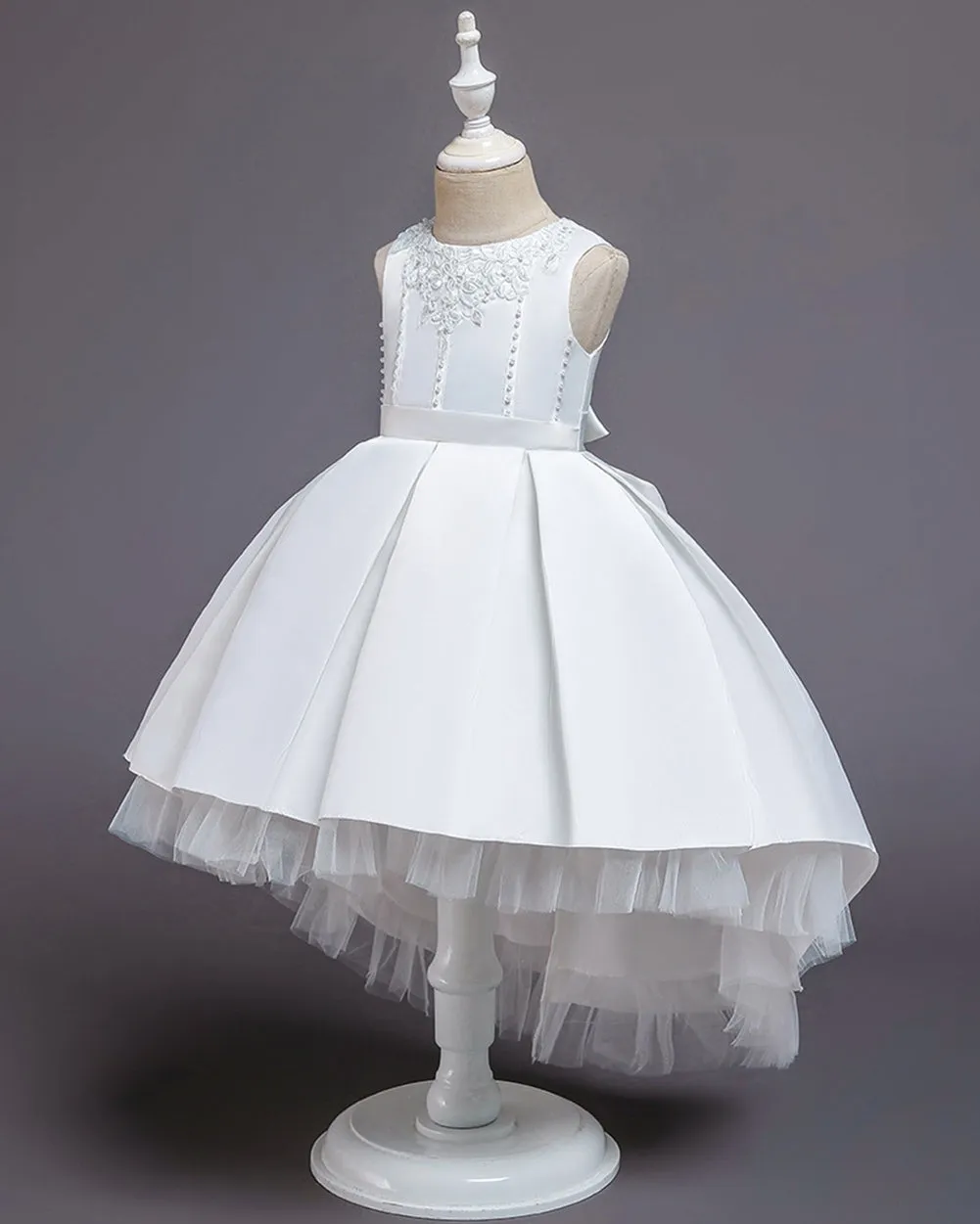 Girls Sleeveless Embroidered Dress Pearl Decor Flower Dress With Train