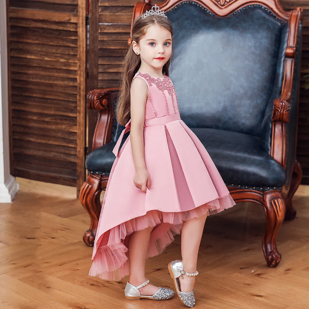 Girls Sleeveless Embroidered Dress Pearl Decor Flower Dress With Train
