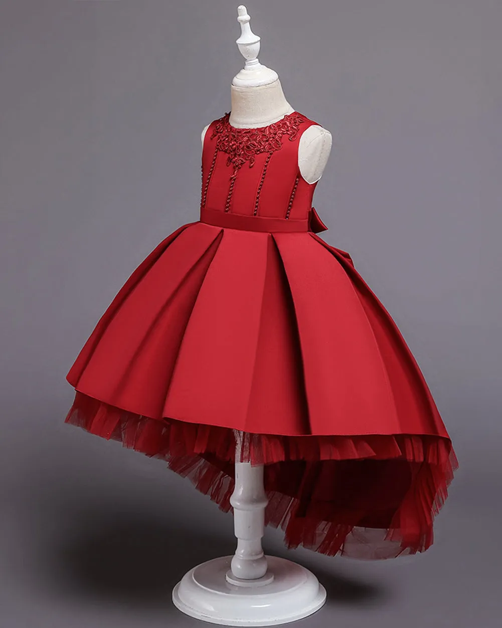 Girls Sleeveless Embroidered Dress Pearl Decor Flower Dress With Train