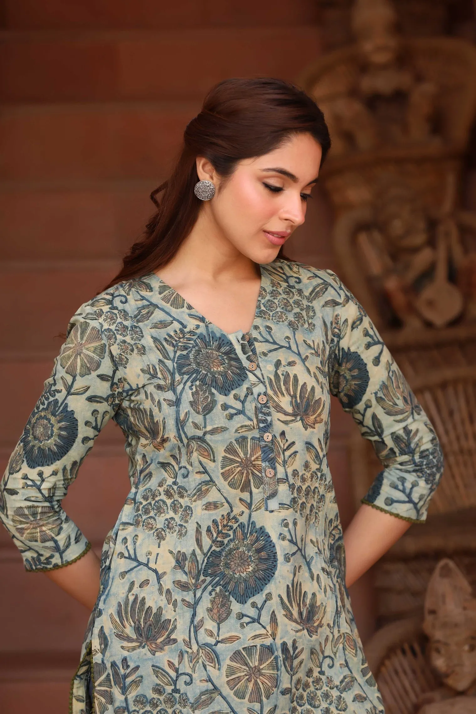 Green Cotton Pure Hand Block Printed Ready-To-Wear Knee Length Kurta