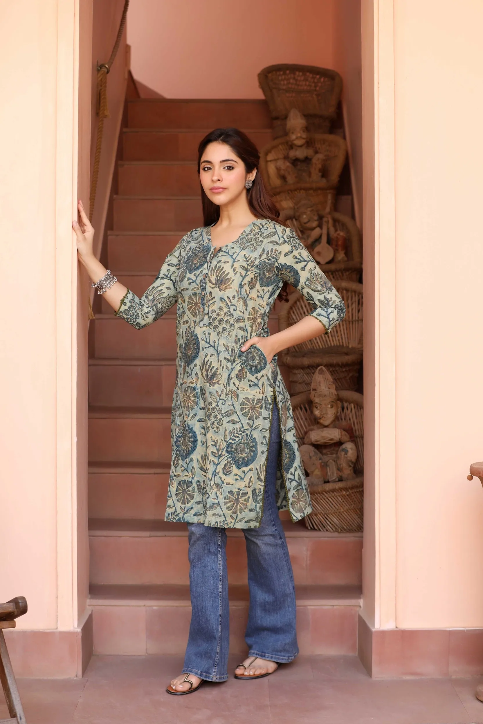 Green Cotton Pure Hand Block Printed Ready-To-Wear Knee Length Kurta