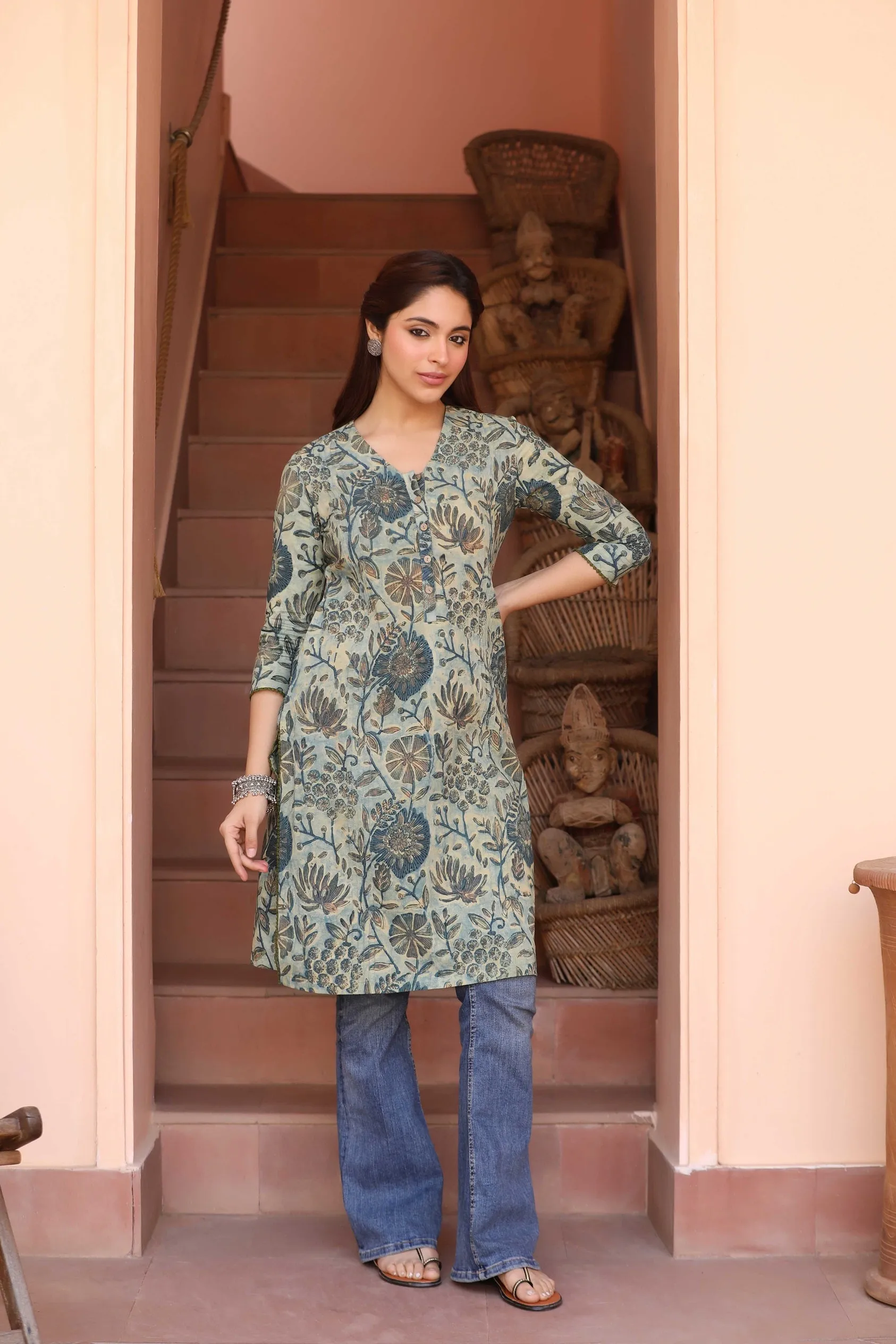 Green Cotton Pure Hand Block Printed Ready-To-Wear Knee Length Kurta
