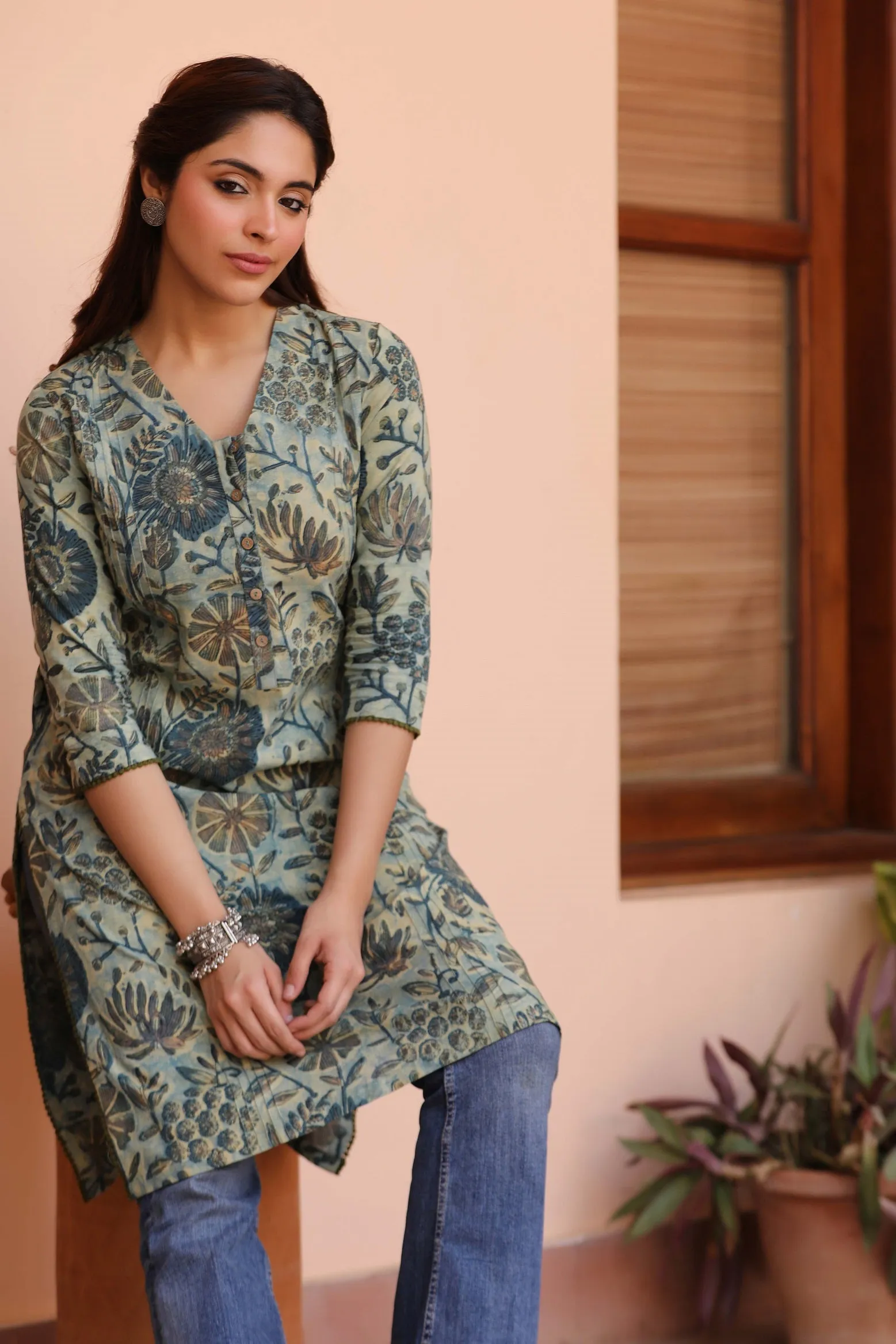 Green Cotton Pure Hand Block Printed Ready-To-Wear Knee Length Kurta