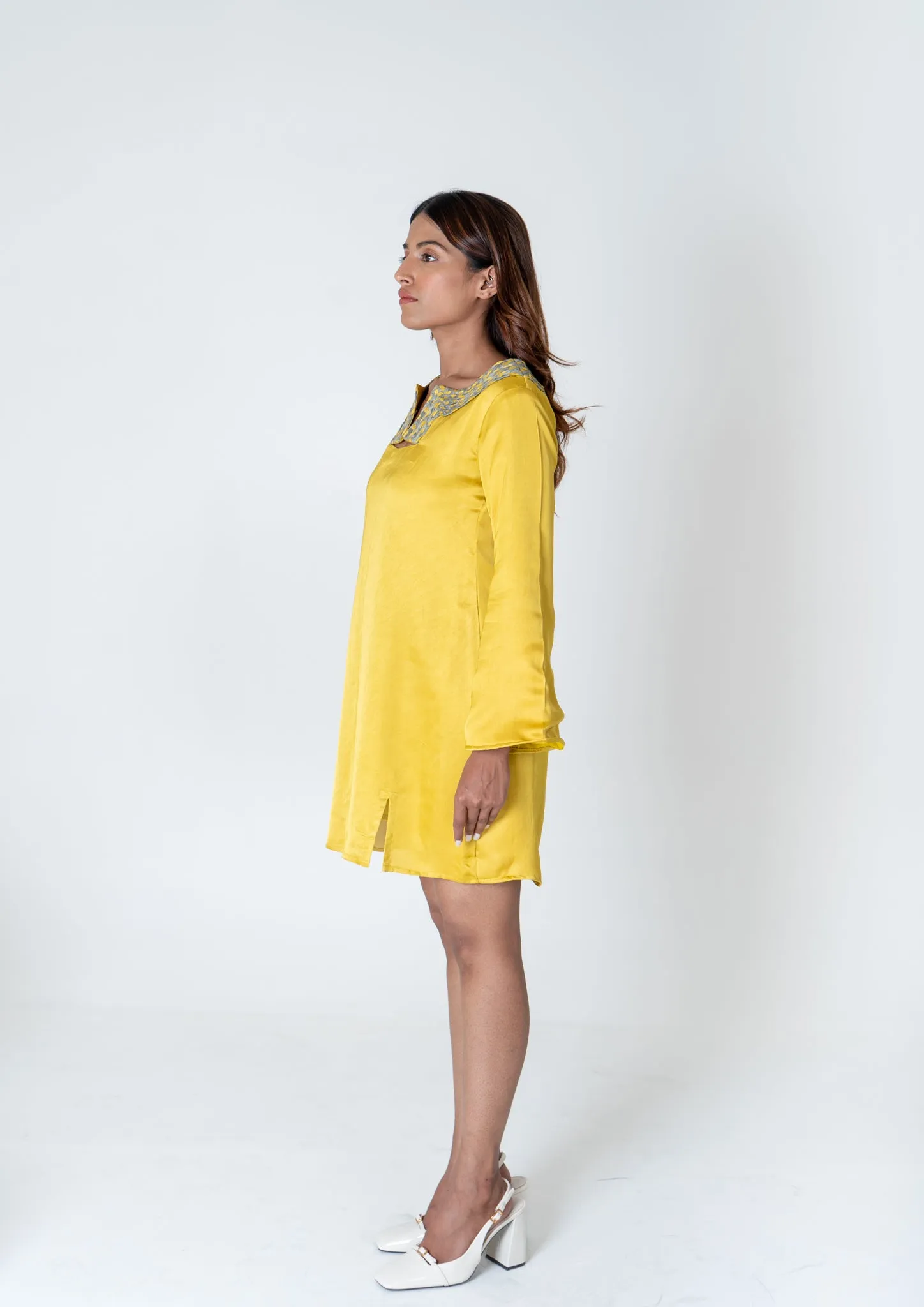 Green-Yellow Braided Collar Short Dress