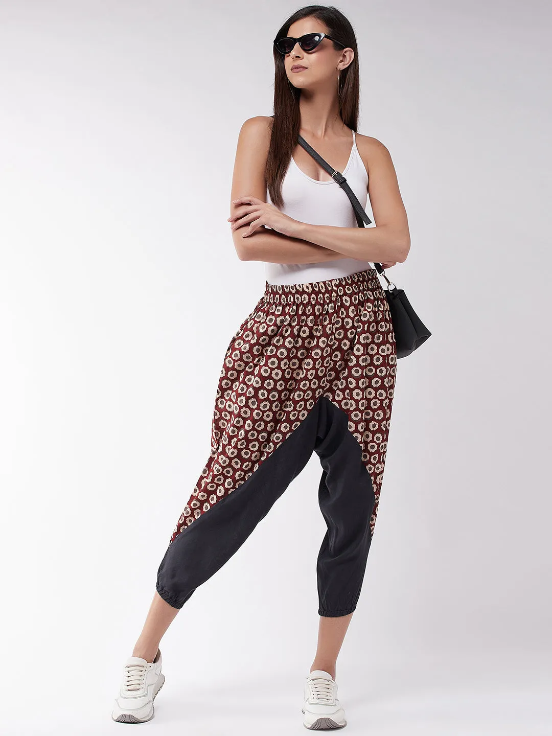 Grey And Maroon Printed Harem Pant