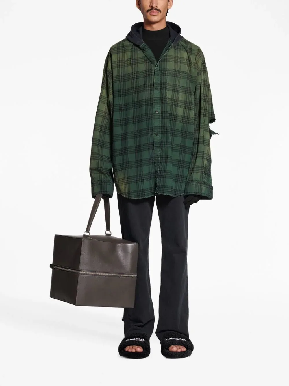 Hooded Check-Print Oversized Shirt