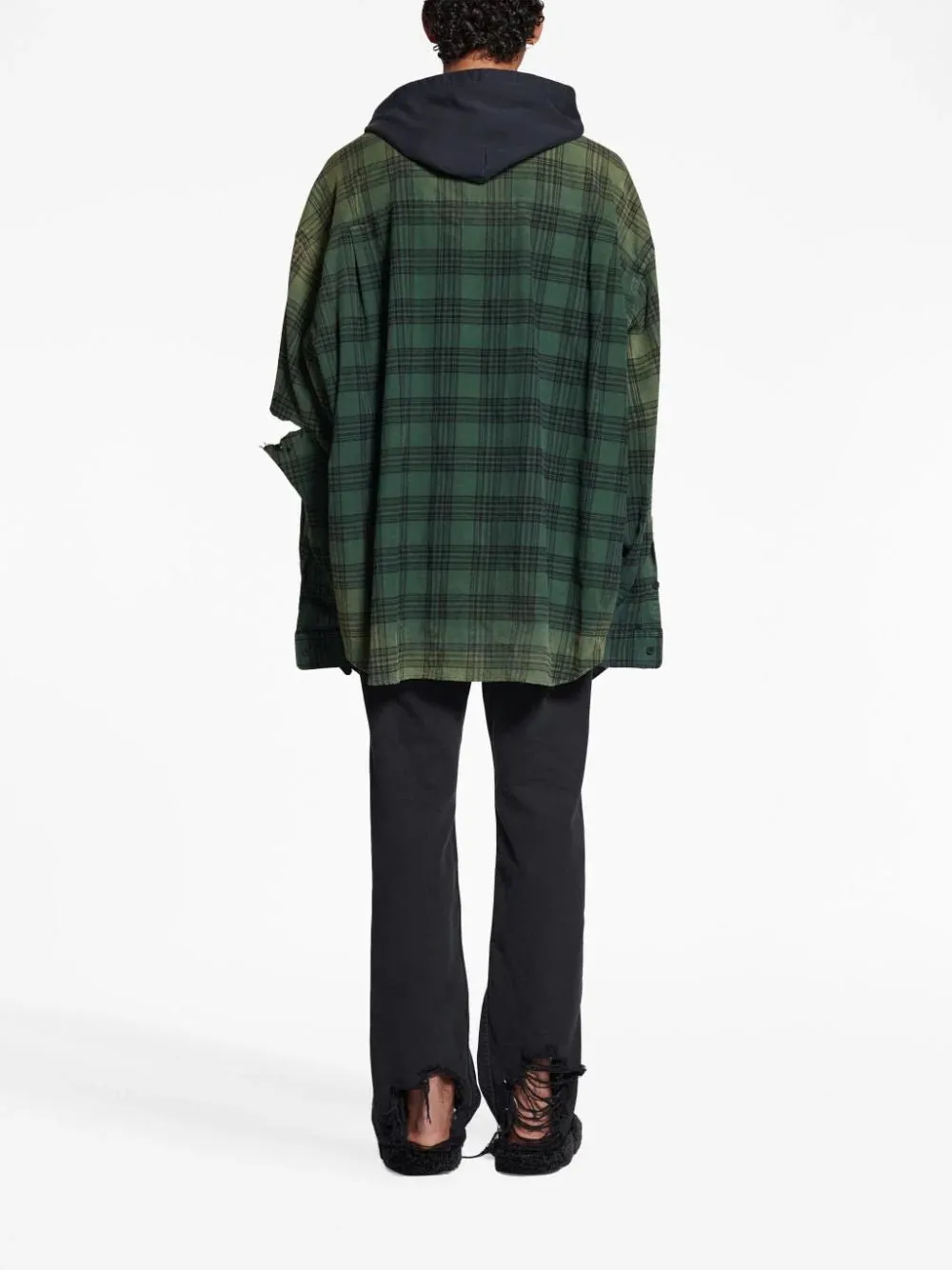 Hooded Check-Print Oversized Shirt