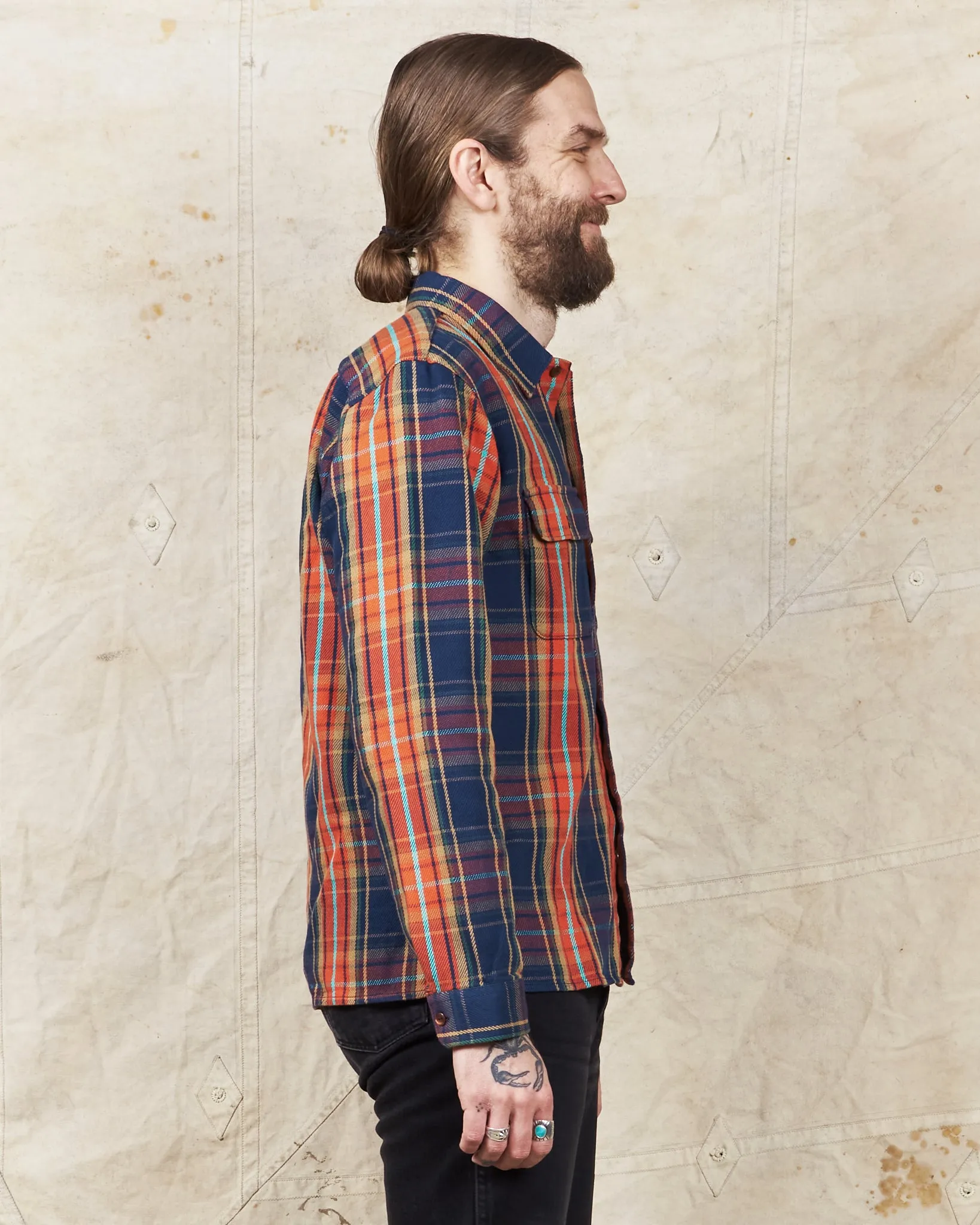 Indigofera Webster Flannel Shirt Heavy Cotton Check Navy / Orange / Brown / Turqouise