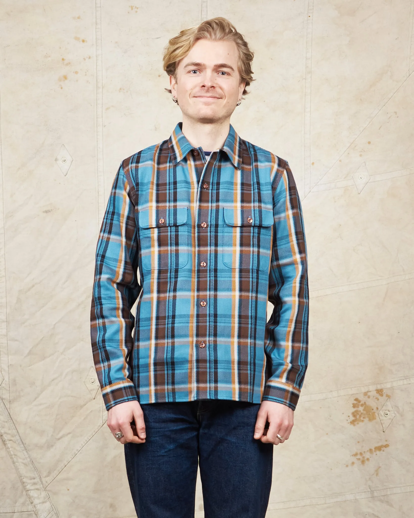 Indigofera Webster Flannel Shirt Twill Check Blue / Gold / Brown / Black
