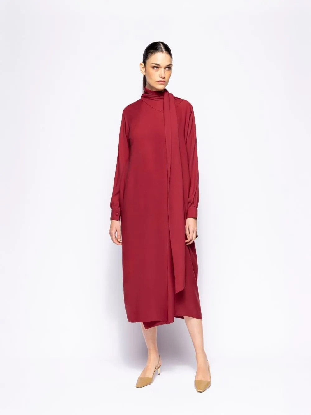 Irys Cabernet Wrap Dress with Collar Tie