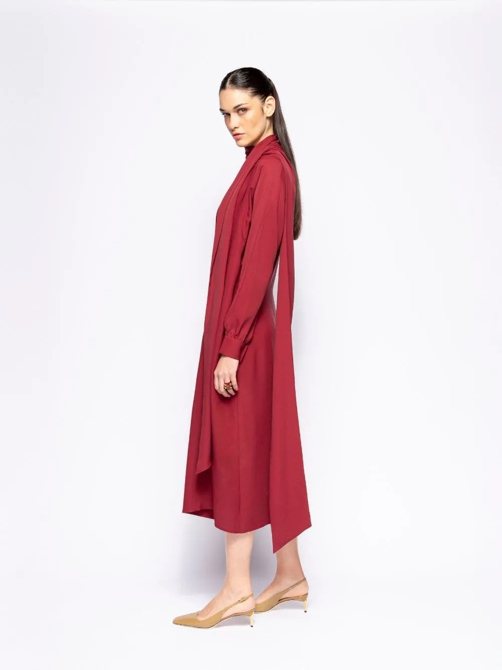 Irys Cabernet Wrap Dress with Collar Tie