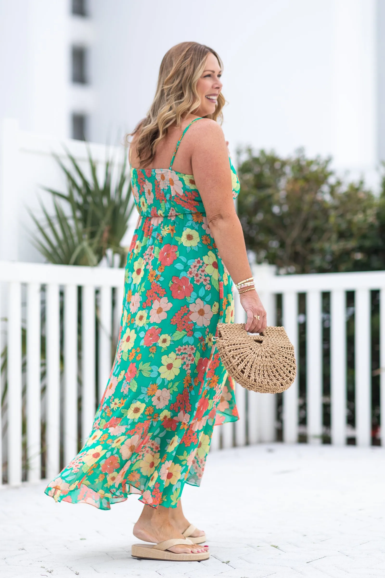 Jade With Multicolor Flowers Maxi Dress