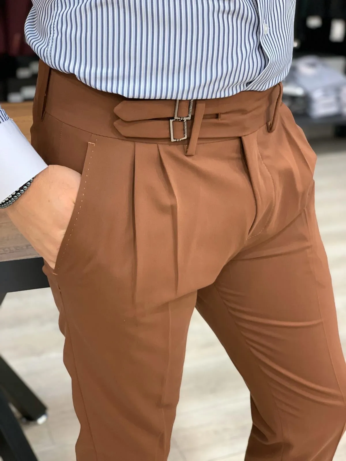 Jake Tile Pleated Buckled Slim Fit Pants