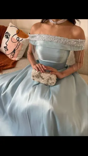 JazzHer Sexy A line Off The Shoulder Light Sky Blue Prom Dress With Beads Long Satin Prom Dresses Party Dress (PRE-ORDER)