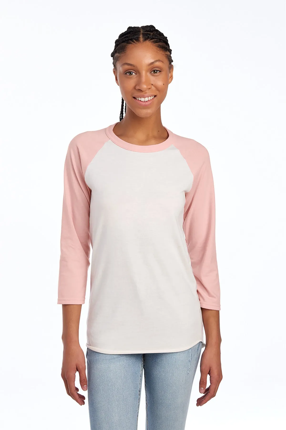 Jerzees Unisex Premium Blend Combed Ring Spun 3/4-Sleeve Raglan 560R Sweet Cream Heather/ Blush Pink