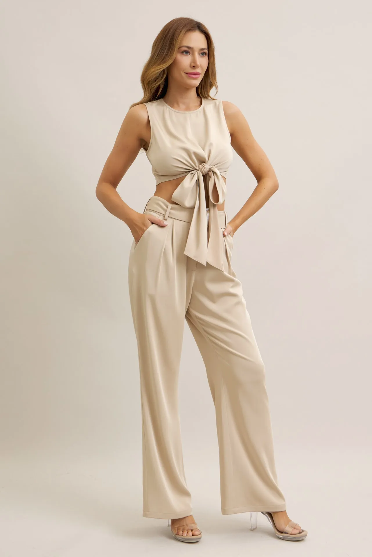 Keeping It Smart Woven Sleeveless Crop Wrap Top and Pants With Belt Set