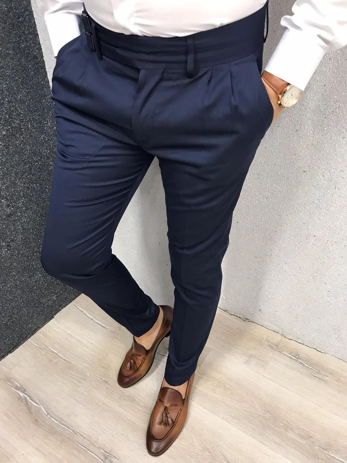 Kingston Navy Corset Belted Pleated Pants