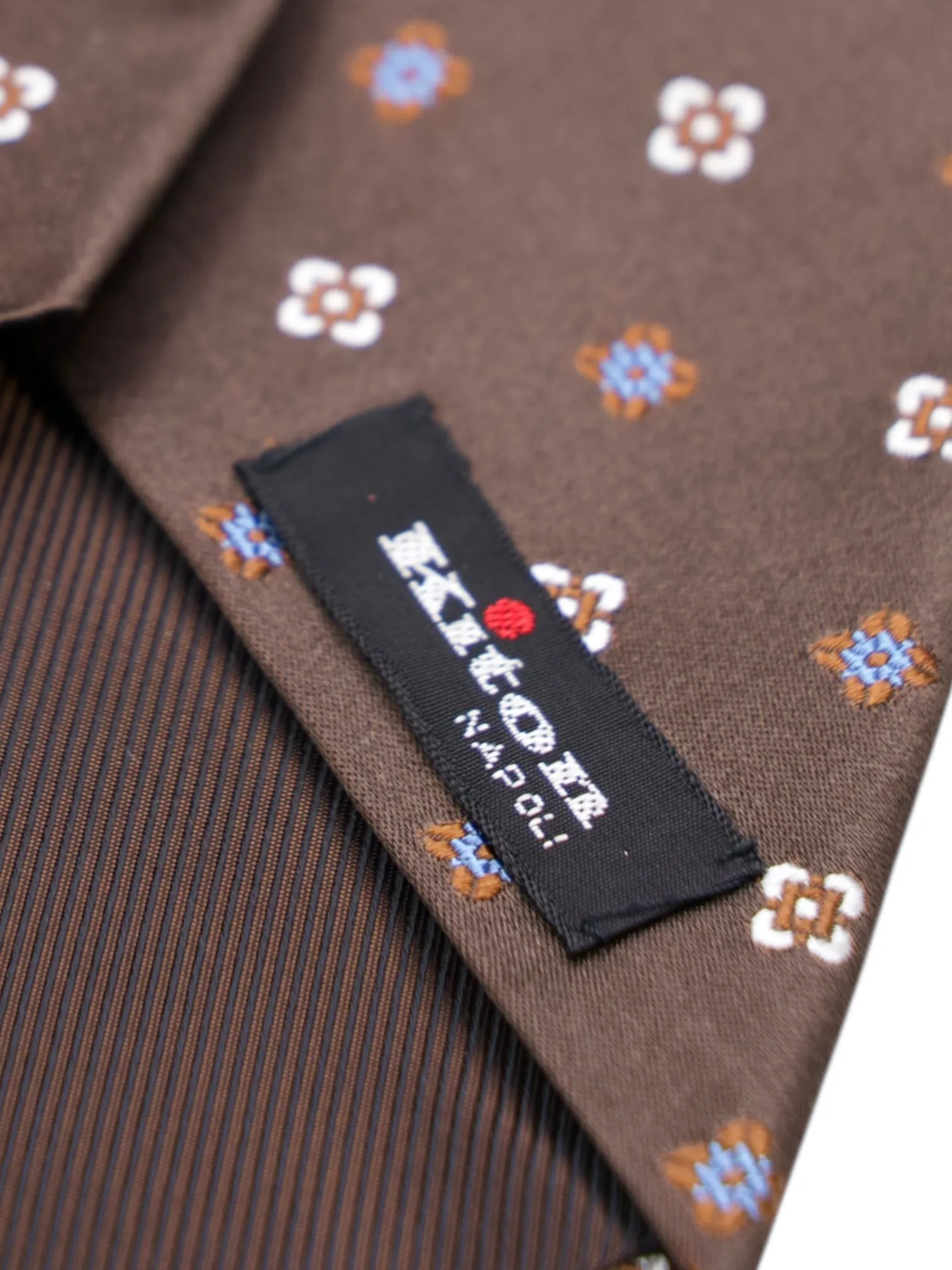 Kiton 5-Fold Chocolate Brown & Light Blue Silk Geometric Pattern Tie