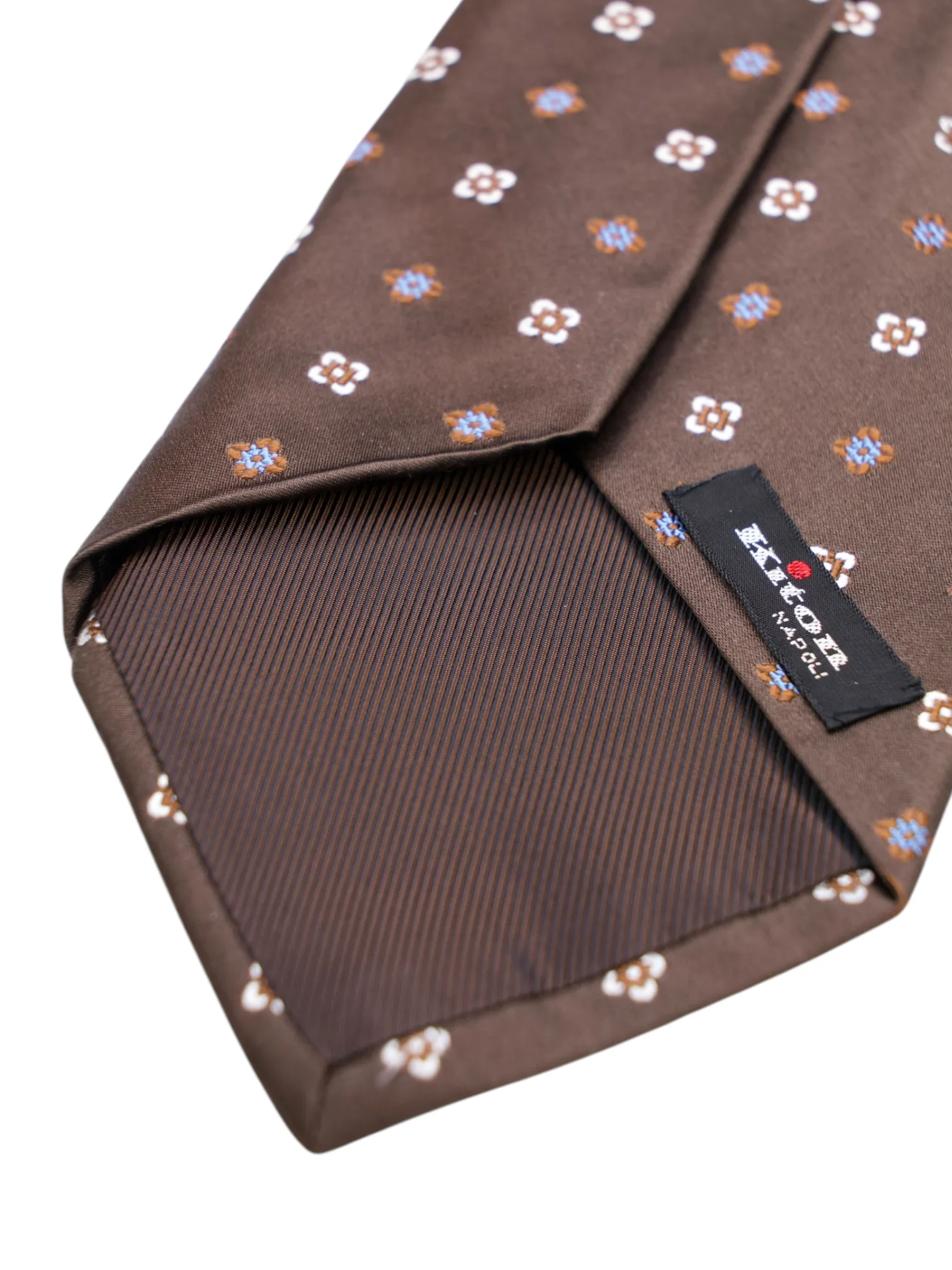 Kiton 5-Fold Chocolate Brown & Light Blue Silk Geometric Pattern Tie