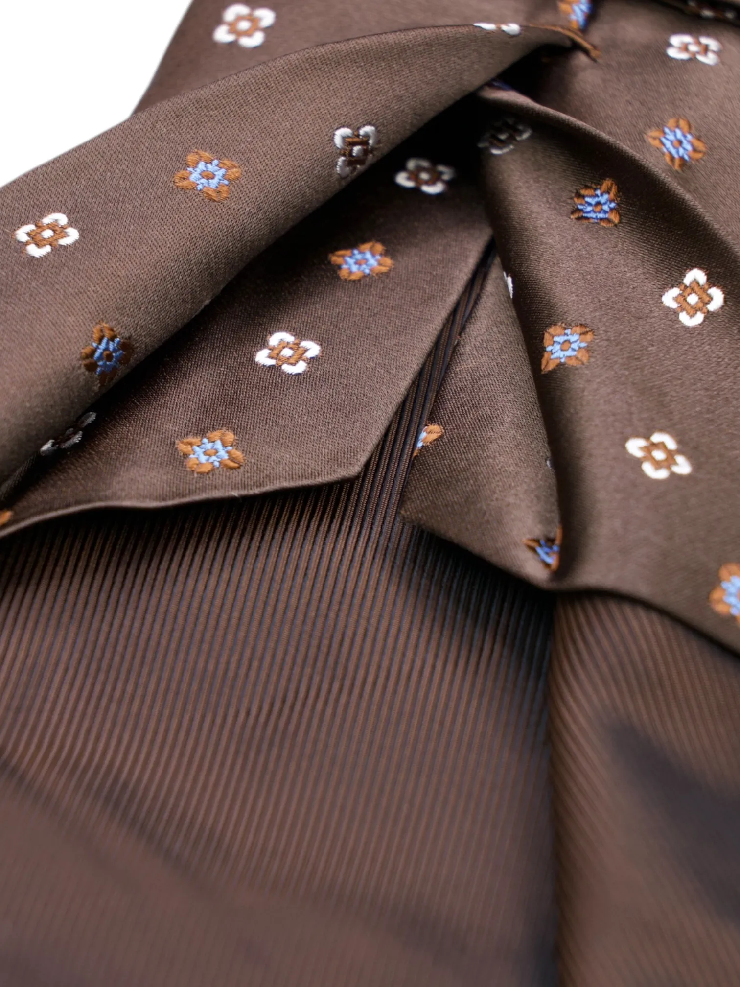 Kiton 5-Fold Chocolate Brown & Light Blue Silk Geometric Pattern Tie
