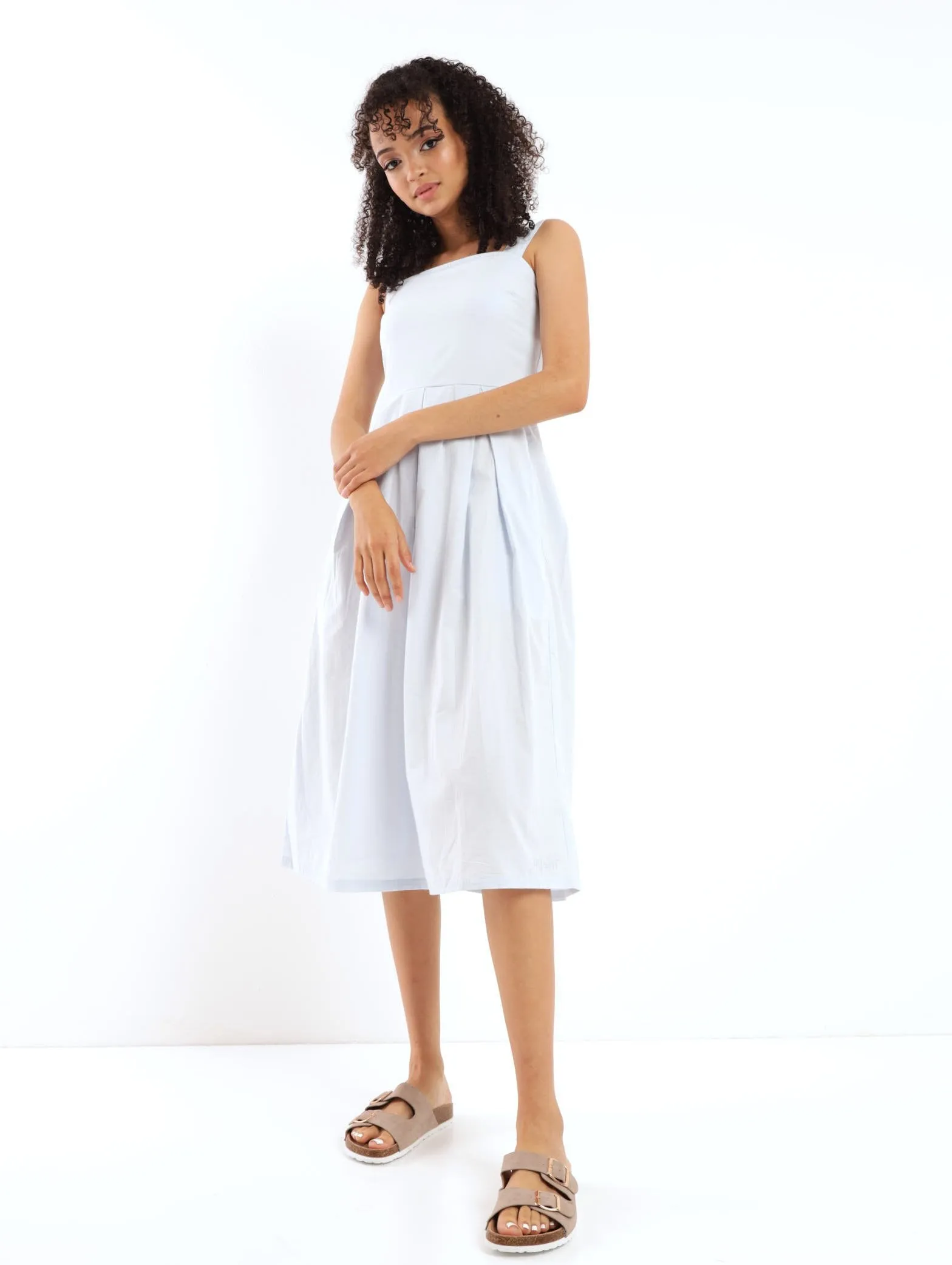 Ladies Poplin Sueded Summer Strappy Dress - Light Blue