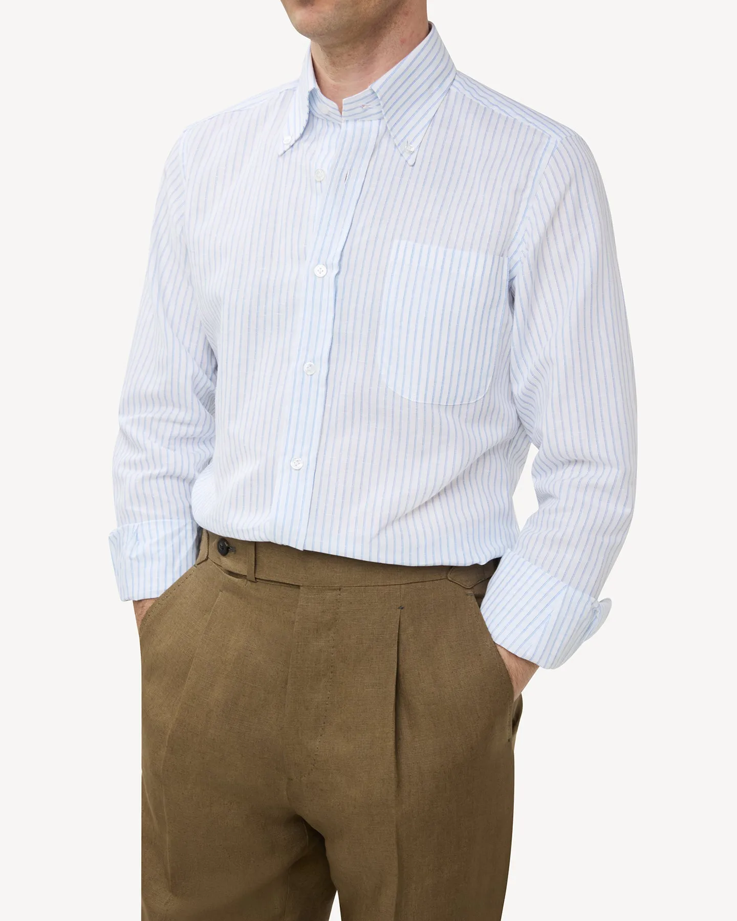 Light Blue Shadow Stripe Cotton Linen Button Down Shirt