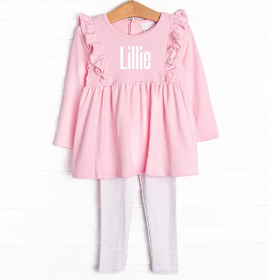 Lillie Flutter Pima Legging Set, Pink Bitty Dot