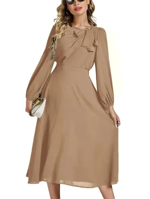 LYANER Womens Elegant Bow Tie Crew Neck Puff Long Sleeve A-Line Swing Midi Dress Light Khaki Large