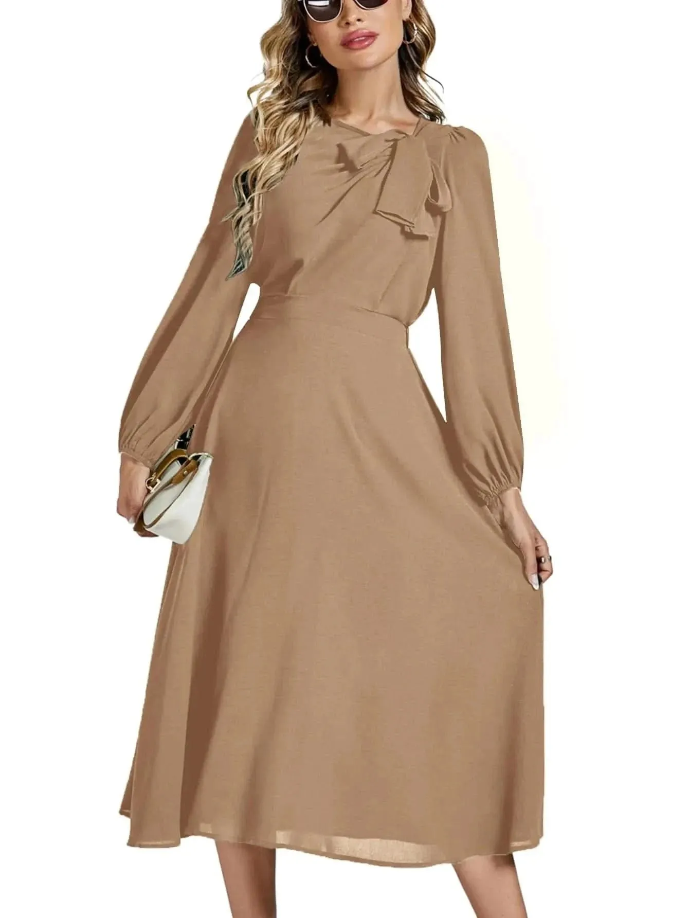 LYANER Womens Elegant Bow Tie Crew Neck Puff Long Sleeve A-Line Swing Midi Dress Light Khaki Large