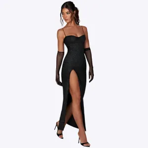 Melissa - Stitching Slim fit Shiny Woman's Split Suspender Dress