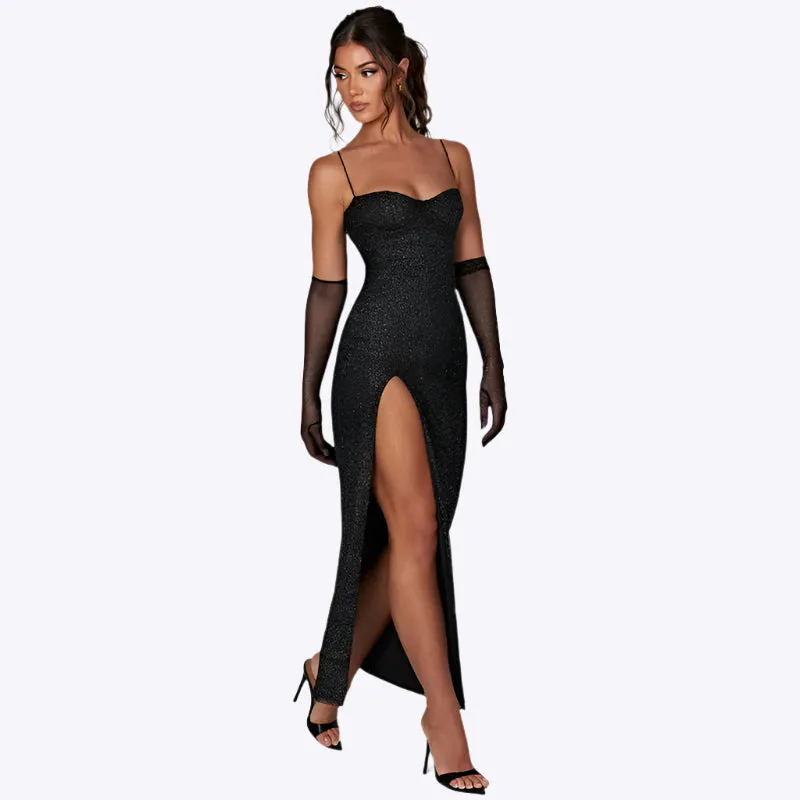 Melissa - Stitching Slim fit Shiny Woman's Split Suspender Dress