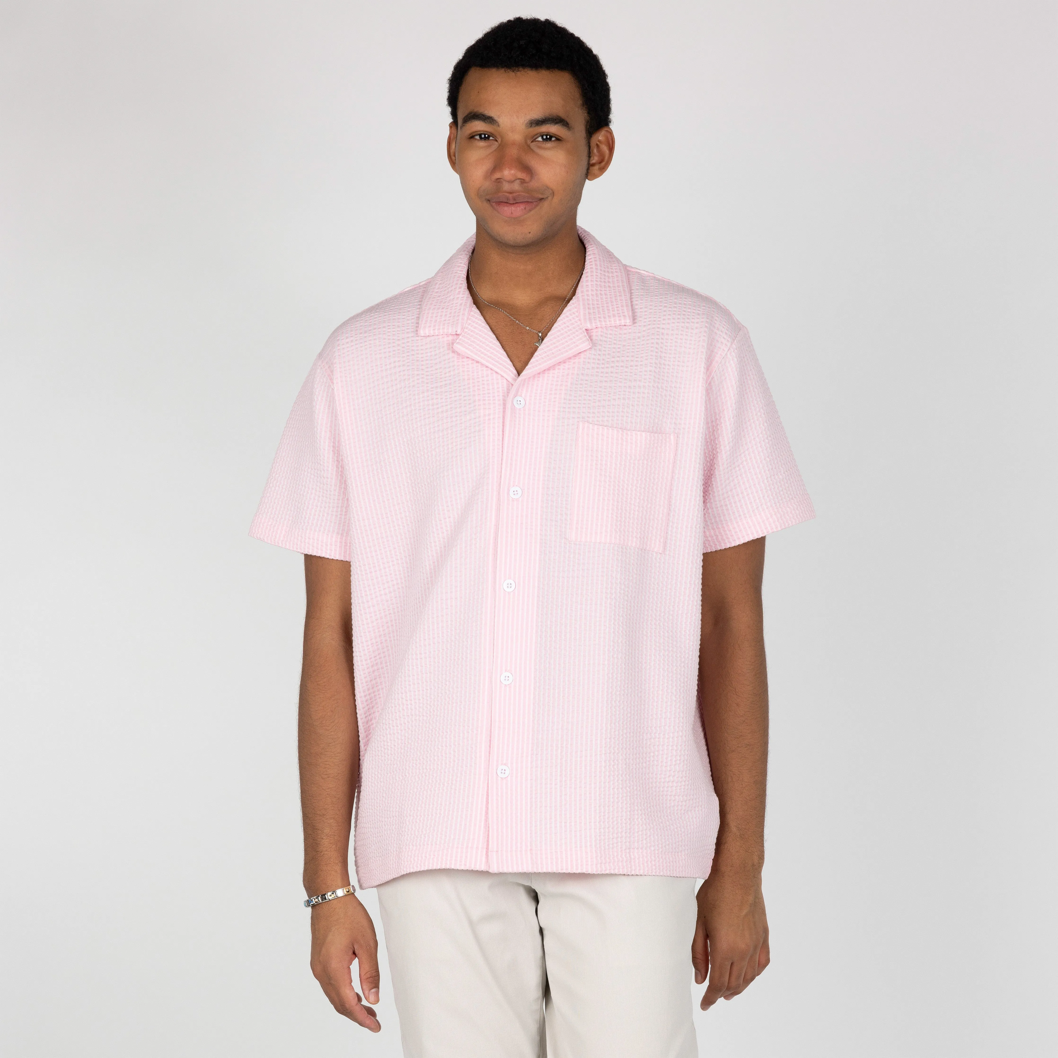Mens Cool Knit Seersucker Camp Shirt - Parfait Pink