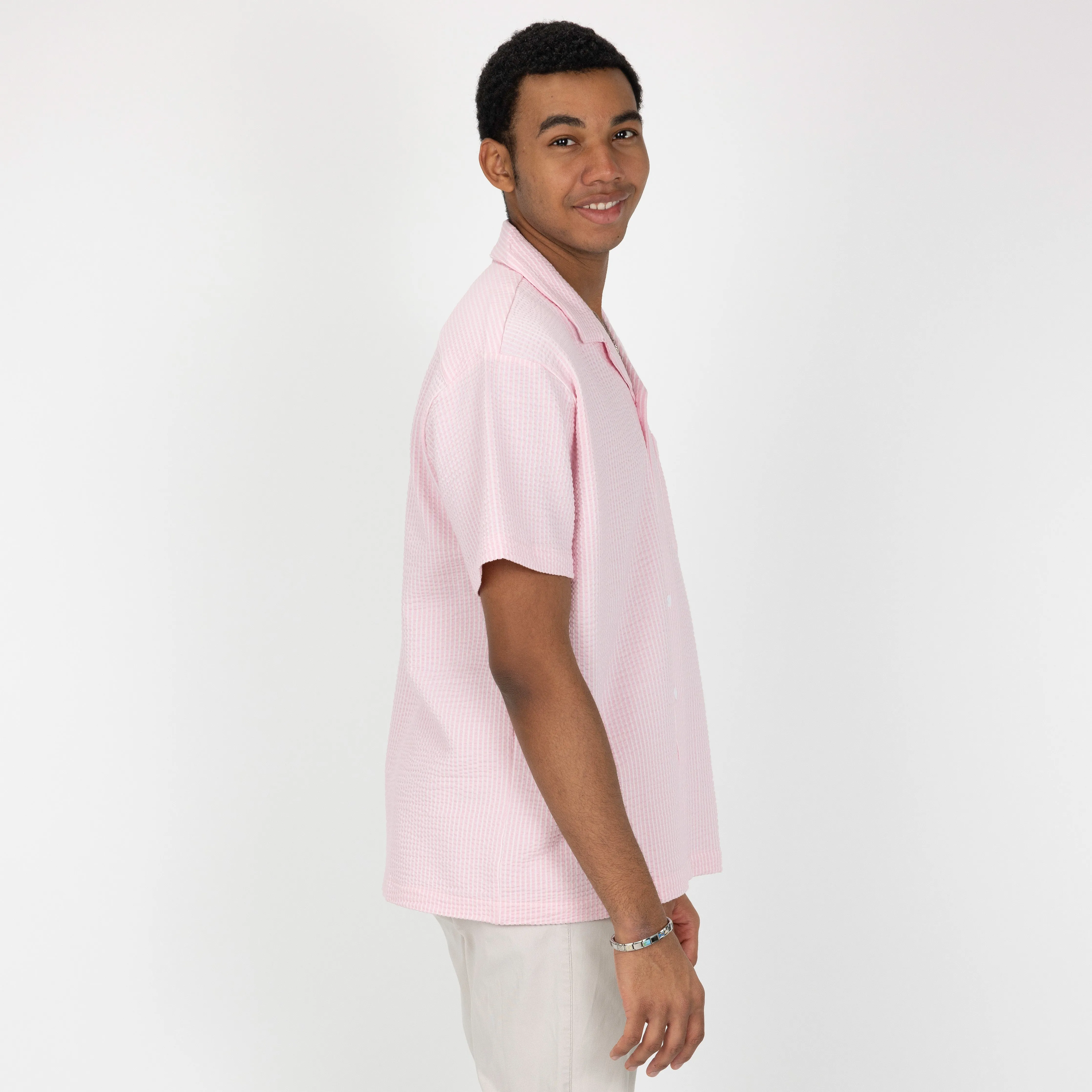 Mens Cool Knit Seersucker Camp Shirt - Parfait Pink