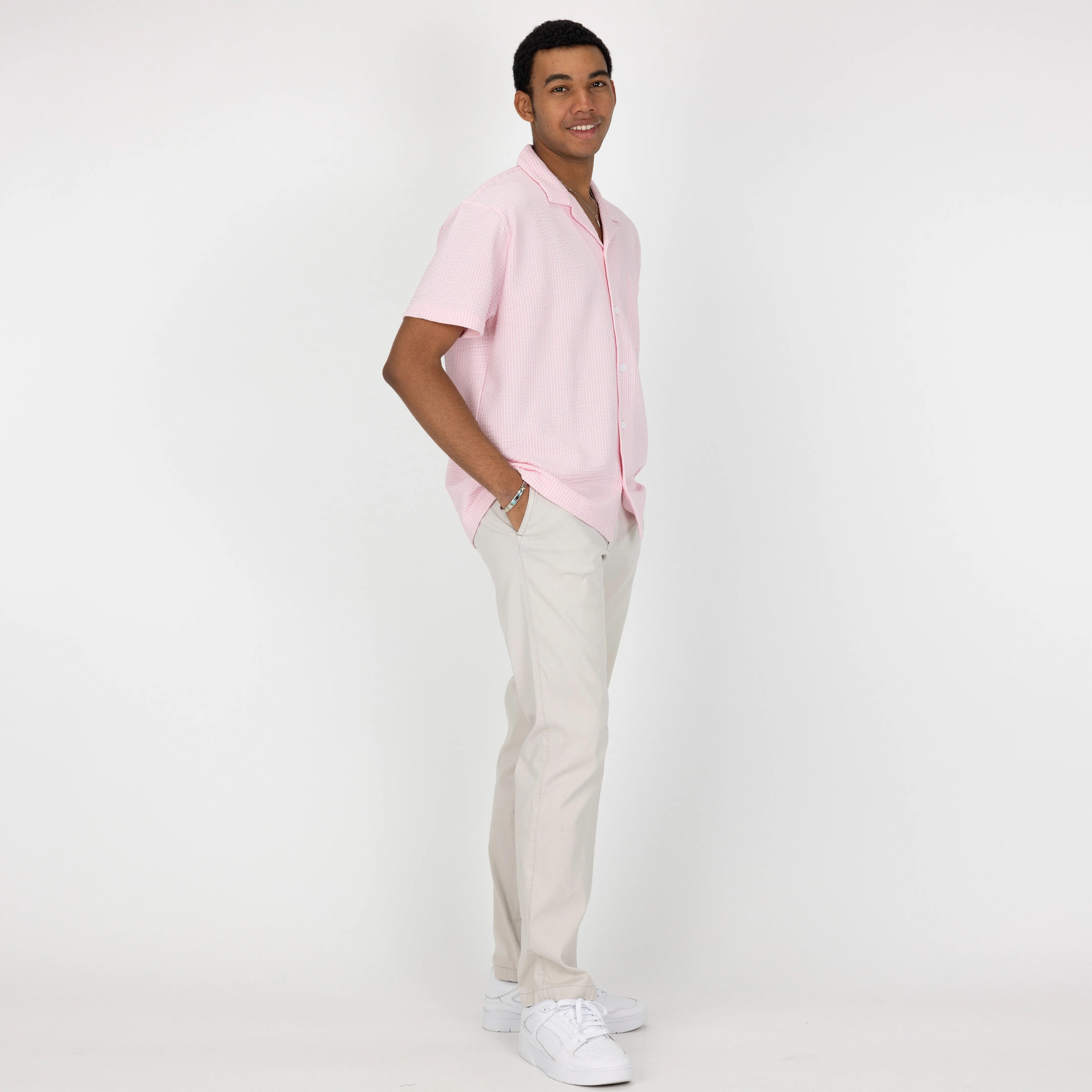 Mens Cool Knit Seersucker Camp Shirt - Parfait Pink