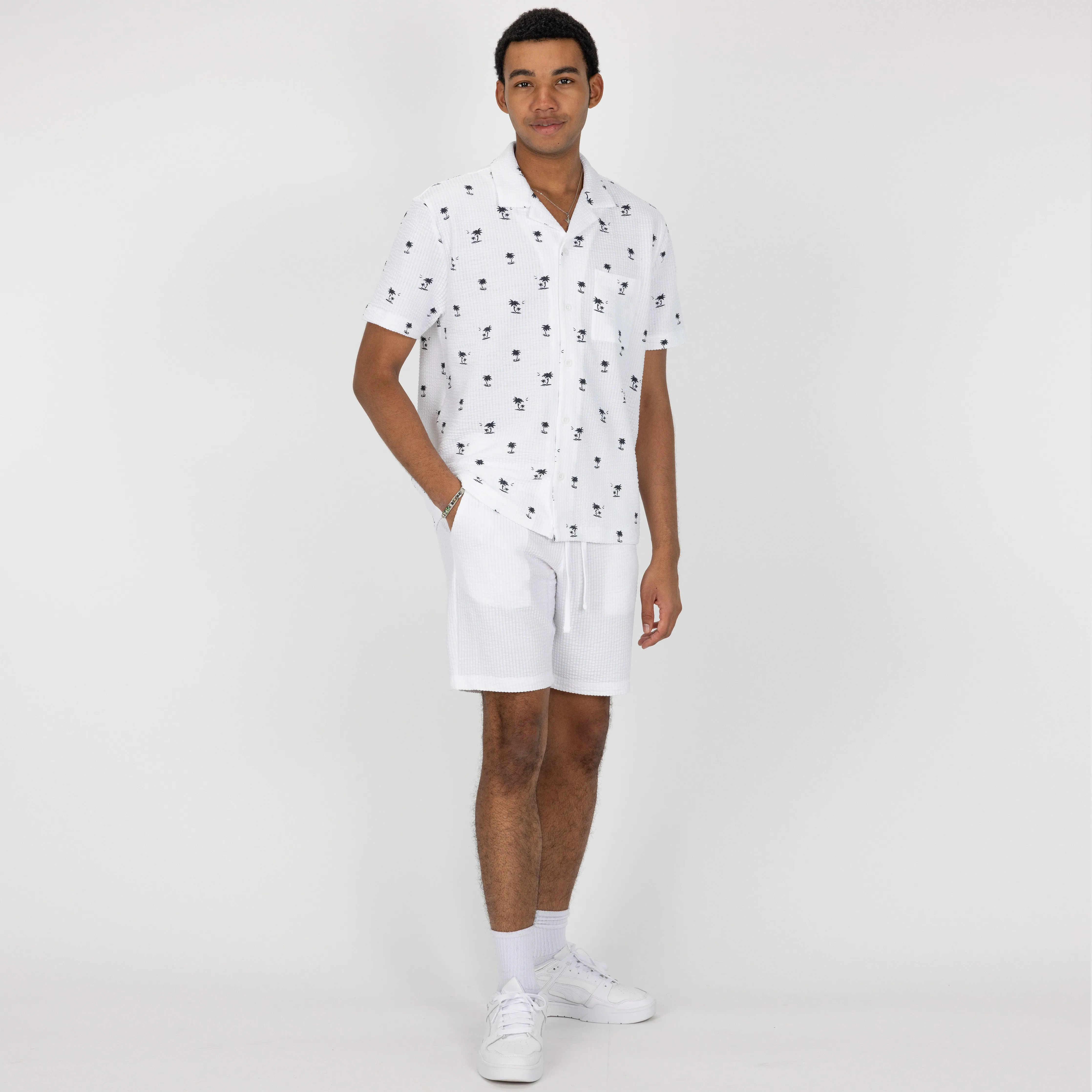 Mens Cool Knit Seersucker Camp Shirt - White / Palm Tree