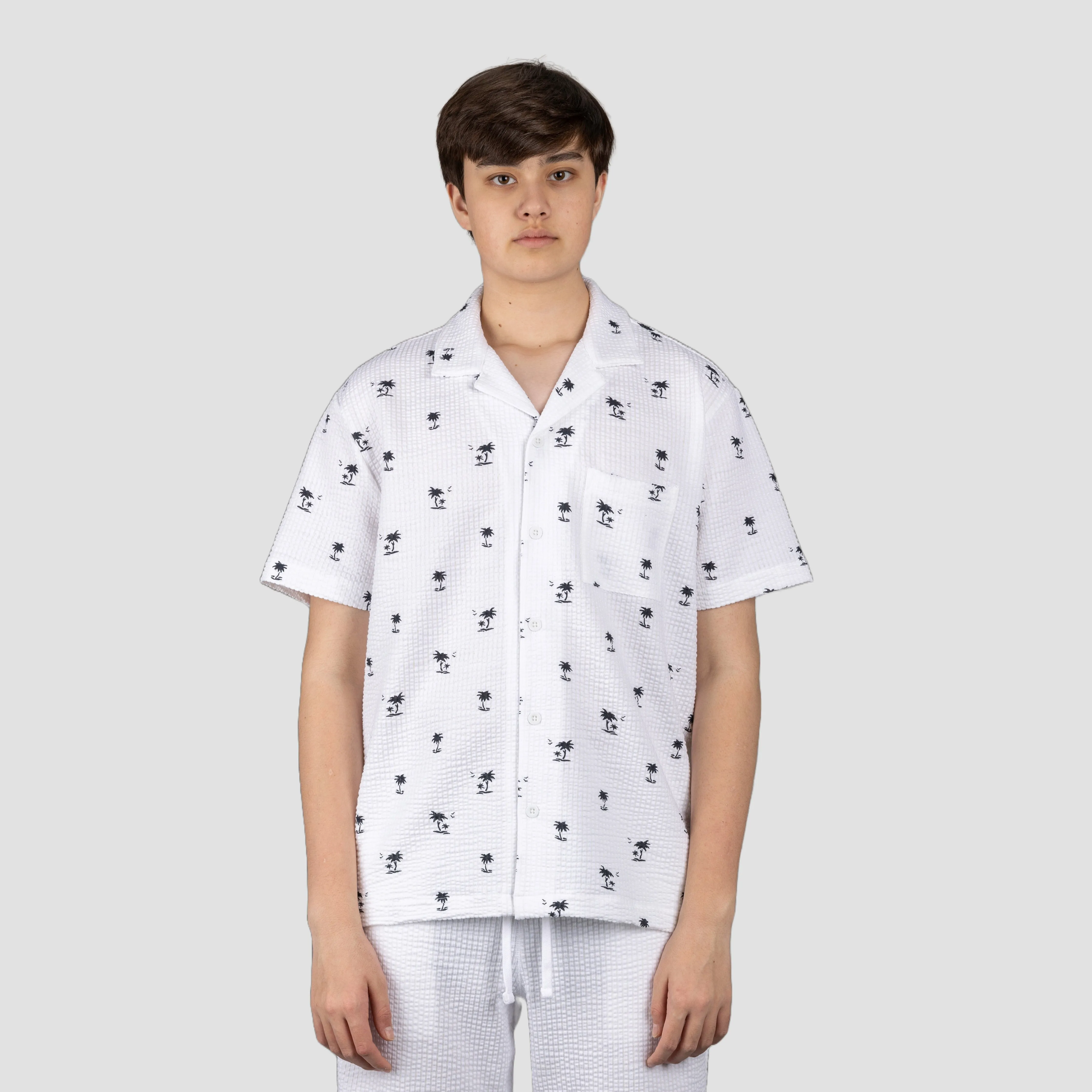 Mens Cool Knit Seersucker Camp Shirt - White / Palm Tree
